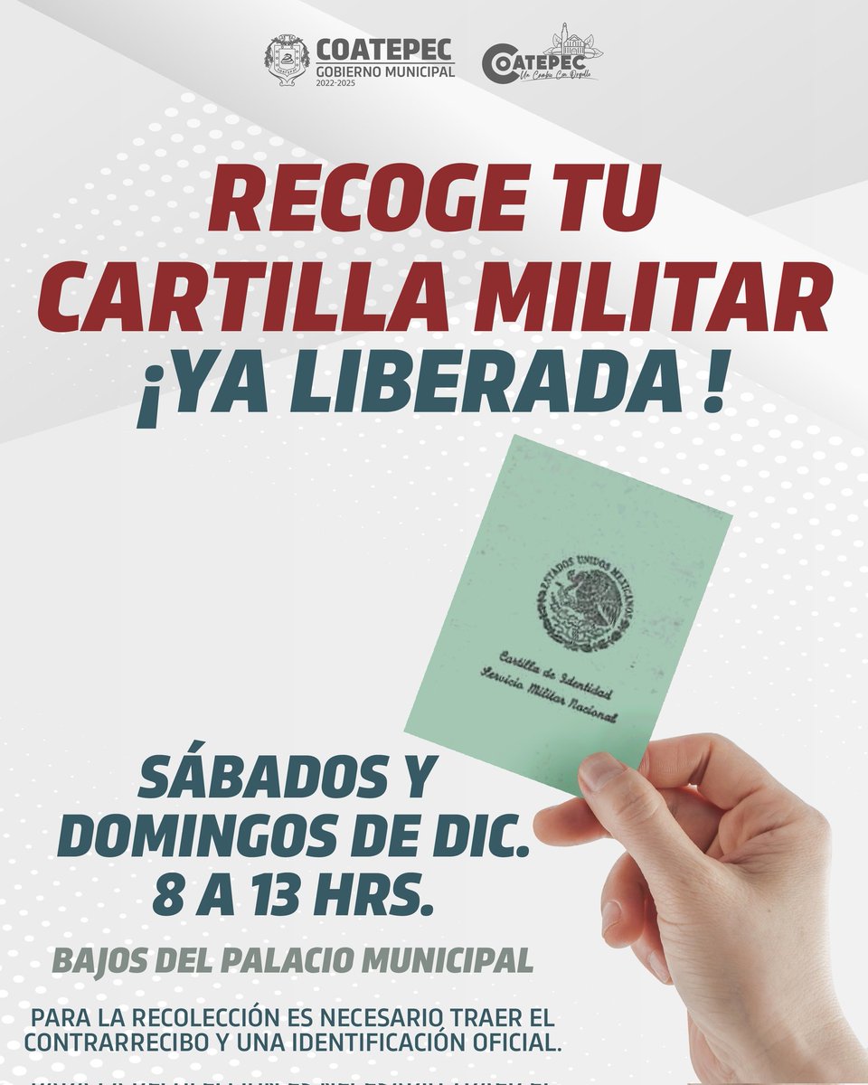 Sí tramitaste tu cartilla del servicio militar en el año 2021, es hora de ir a recogerla Ya Liberada, acude los sábados y domingos de diciembre de 8 am a 1 pm en bajos del palacio municipal.

Es necesario traer el contrarrecibo y una identificación oficial.