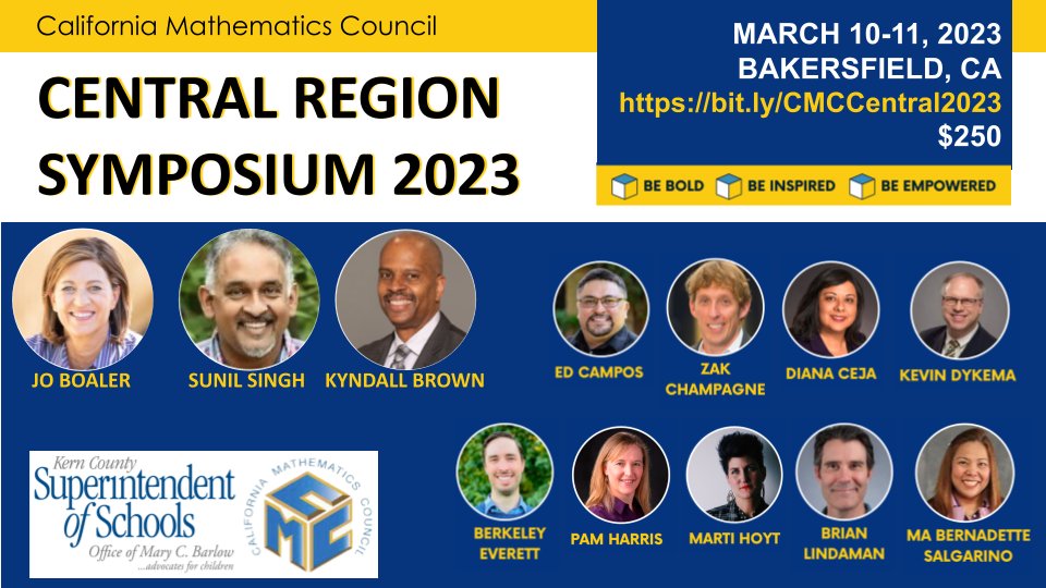 This lineup of speakers is remarkably powerful!  I'm so glad to be already signed up!
#cmcMath 

Register: bit.ly/CMCCentral2023

Cc: <a href="/joboaler/">Jo Boaler</a>  <a href="/Mathgarden/">Sunil Singh</a>  <a href="/edcampOSjr/">Ed Campos Jr</a>  <a href="/Zakchamp/">Zak Champagne</a>  <a href="/imathination/">🦋 𝓓𝓲𝓪𝓷𝓪 𝓒𝓮𝓳𝓪 ✨</a>  <a href="/kdykema/">Kevin Dykema</a>  <a href="/BerkeleyEverett/">Berkeley Everett</a>   <a href="/pwharris/">Pam Harris</a>   <a href="/mathmagicalhoyt/">Marti Hoyt</a>  <a href="/salg274/">Ma Bernadette Salgarino, NBCT</a>