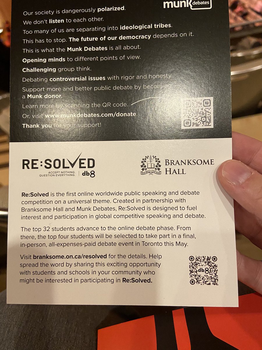 GNolanMEd's tweet photo. Proud moment when Re:Solved appears in the #munkdebate tonight! Registration is free and will not close until January! #highschooldebate #debate #publicspeaking @branksomehall @munkdebate https://t.co/OQxDXzW8fD
