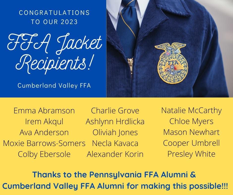 CV_FFA1954's tweet photo. Congratulations to our 2023 FFA Jacket Scholarship Recipients! These individuals will be receiving their very own FFA jacket during the Pennsylvania FFA Mid-Winter Convention at the 107th Pennsylvania Farm Show this January.
#BlueJacketsGoldStandards #CVProud #PAFFAProud https://t.co/N7iXXtblLJ