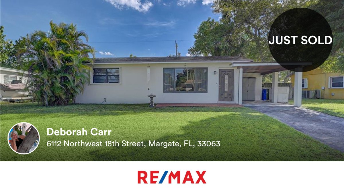 TheDeborahCarr's tweet photo. 🛌 2 🛀 1 🚘 1
📍 6112 Northwest 18th Street, Margate, FL, 33063

My latest sale on RateMyAgent.
SALES 0625639
https://t.co/VloHcIOIm4

...
#ratemyagent #realestate https://t.co/a04xLuEqKC