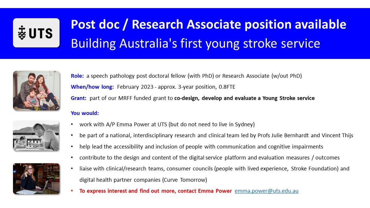 Post doc / Research Associate position (Speech Pathology) to join our young #stroke service interdisciplinary team on #MRFFF funded grant. #accessibility #communication #aphasia