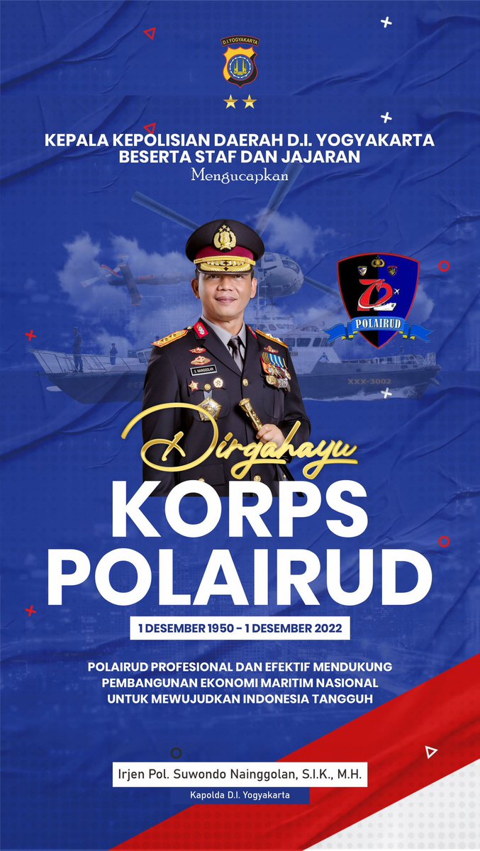 kapoldaDIY's tweet photo. Dirgahayu Korps Polairud Yang Ke-72 “Polairud Profesional Dan Efektif Mendukung
Pembangunan Ekonomi Maritim Nasional Untuk Mewujudkan Indonesia Tangguh”

#PolriPresisi
#TransformasiPolriPresisi https://t.co/sVuCxpWTZJ