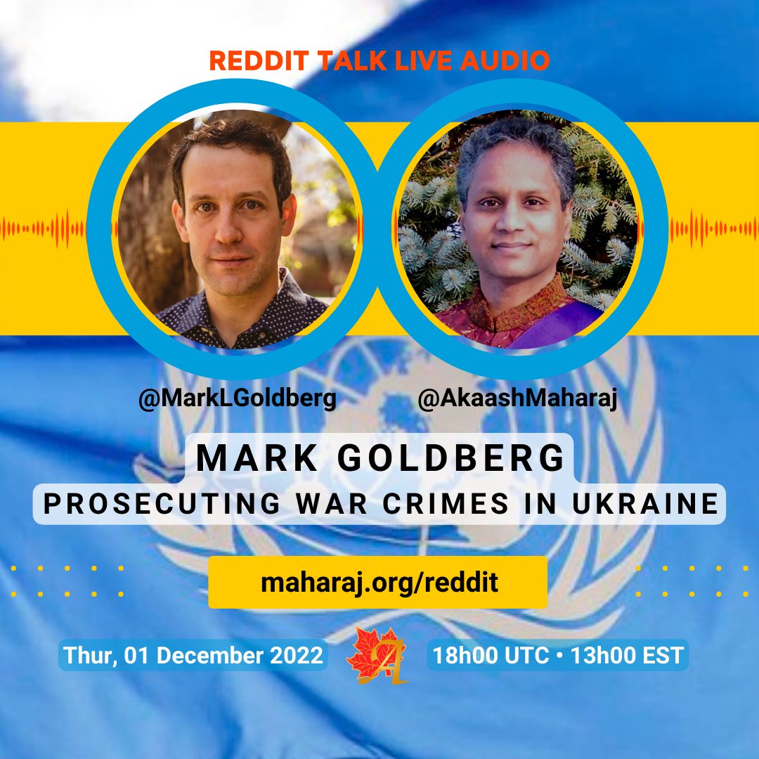 AkaashMaharaj's tweet photo. The @UN confirms that Russian forces are committing grave and widespread war crimes in Ukraine. @MarkLGoldberg will discuss how we can bring the perpetrators to justice.
🗓 Thur, 01 December 2022
⏰ 18h00 UTC / 13h00 EST
🔗 https://t.co/nsc2SAbmdo
Join our #RedditTalk tomorrow. https://t.co/RzDcVsIfRS