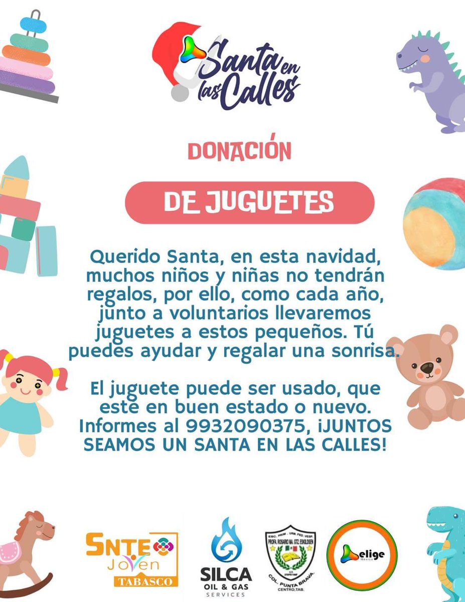 EligeMexico_'s tweet photo. ⚠️  ¡¡Atención Tabasco!!

Desde Elige México Tabasco este 14 de Diciembre queremos dar esperanza y felicidad a niñas y niños. Ayudemos a regalar sonrisas: dona juguetes 🧸, pueden ser usados en buen estado o nuevos.

📲 Si gustas donar en #TABASCO mándanos whats al: 9932090375 https://t.co/siHiZPocOy