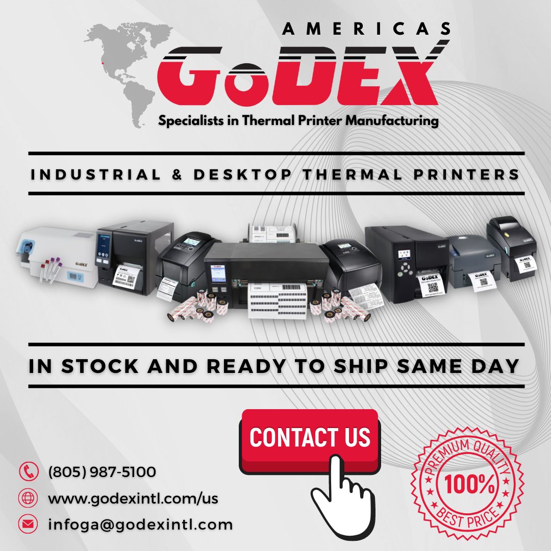 GoDEXAmericas's tweet image. Industrial &amp;amp; Desktop #ThermalPrinters are In Stock &amp;amp; Ready to Ship Same Day! Contact Us to Get Yours Today! 

#GoDEX #GoDEXPrinter #LabelPrinter #BarcodePrinter #Label #Barcode #Printer #Manufacturing #Technology #SameDayShipping #SupplyChain #DirectThermal #ThermalTransfer