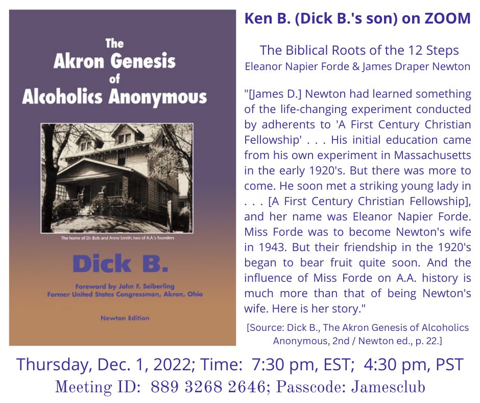 DickB_Maui's tweet photo. Aloha! Ken B. (Dick B.'s son) here. Please join me via ZOOM tomorrow evening (Thursday, December 1) at 7:30 pm, EST; 4:30 pm, PST; for another Session of "The Biblical Roots of the 12 Steps": https://t.co/DAE6fE1z2q https://t.co/zoe1Xn4LDL