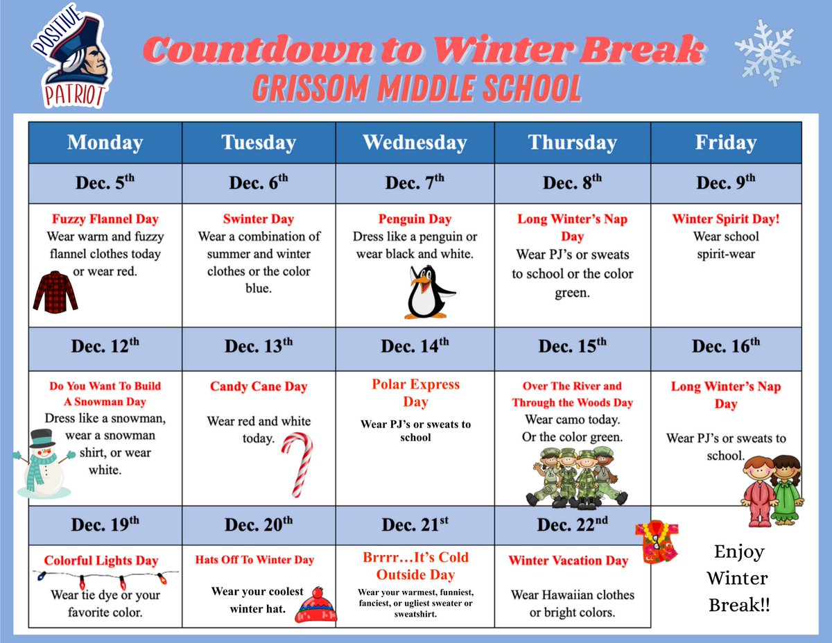 Next Monday, December 5th, we will be kicking off our Countdown to Winter Break. Take a look at the calendar for information about the theme for each day. Students, families, and staff are welcome to join in the fun!