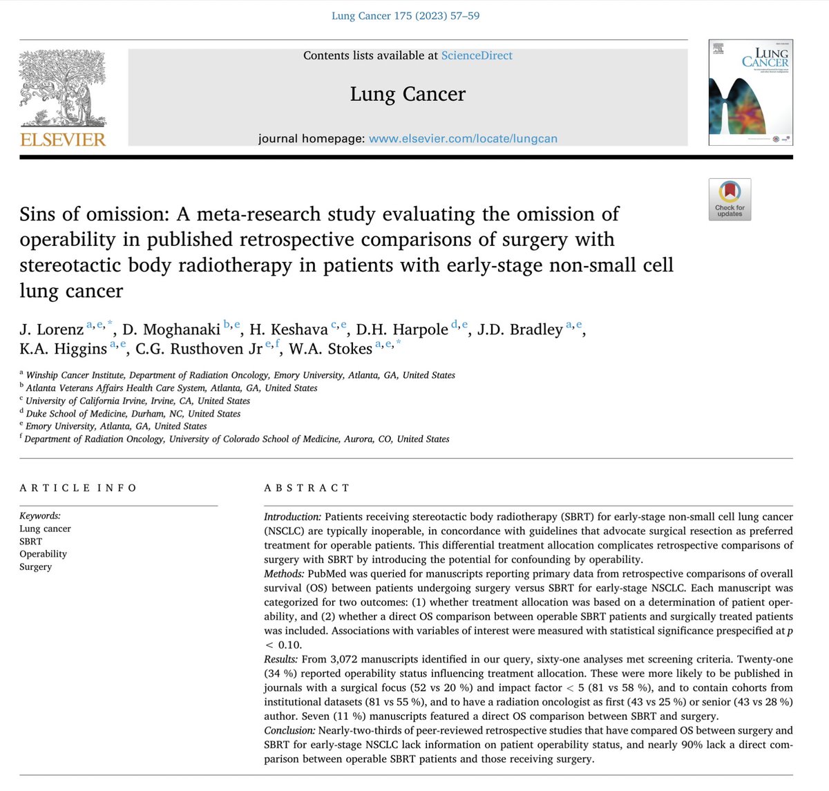 A group of radiation oncologists and thoracic surgeons point out the 'sins' of retrospective research that compares Surgery to SBRT for stage I NSCLC. #lcsm #radonc #DontBeSinful @hari_keshava @JeffBradleyMD @KHigginsMD @StokedStokes sciencedirect.com/science/articl…
