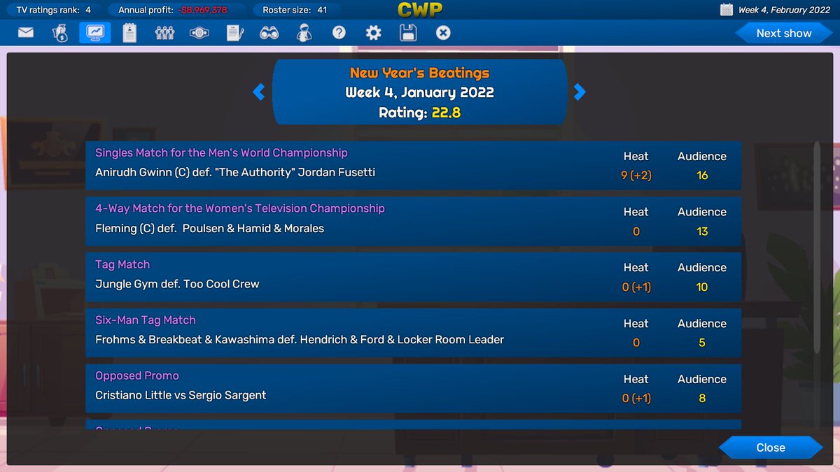 Another much requested feature that will be in the game soon: A history of previous show results.