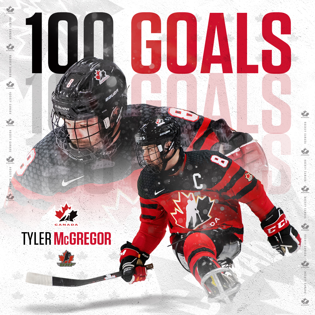 1️⃣0️⃣0️⃣！ Congratulations to @tylermcgregor08 for scoring his 100th international goal with Team 🇨🇦. #ParaHockeyCup | @OHFHockey