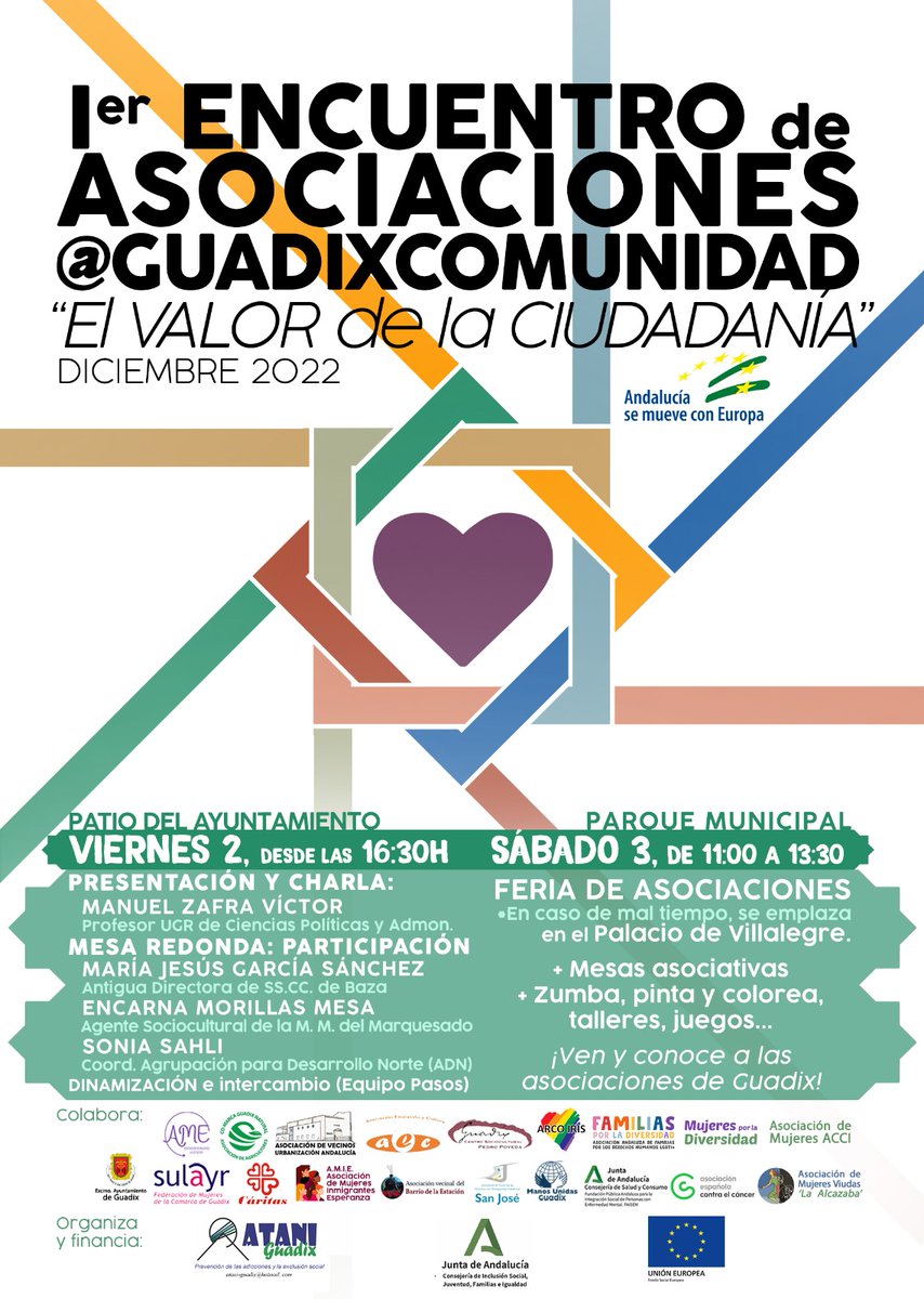 🌈 Nos vemos en Guadix este Viernes 2 y el Sábado 3, en el 1er Encuentro de asociaciones y la 1ra Feria asociativa de la Red #GuadixComunidad 🌈 Cada asociación montará una mesa con información y también habrá actividades de todo tipo 💜