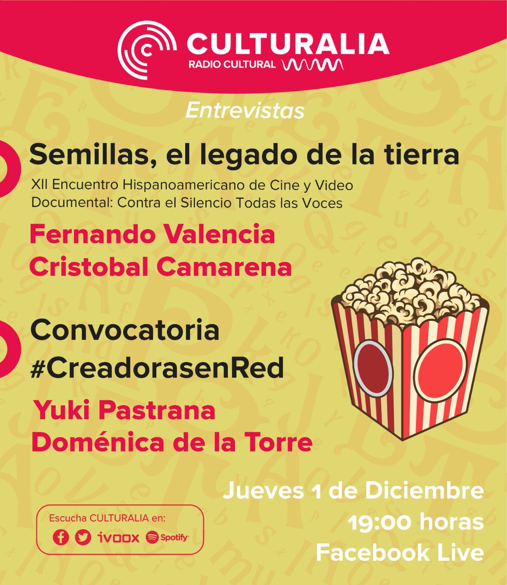 CulturaliaMX's tweet photo. ¡Hola! Esta semana tendremos un gran programa: conversaremos sobre cine documental, videodanza y arte y activismo por los derechos de la población LGBT.

📲 Te esperamos este jueves 1 de diciembre a las 19:00 en el Facebook Live @Culturalia_MX https://t.co/RbTauDurd4