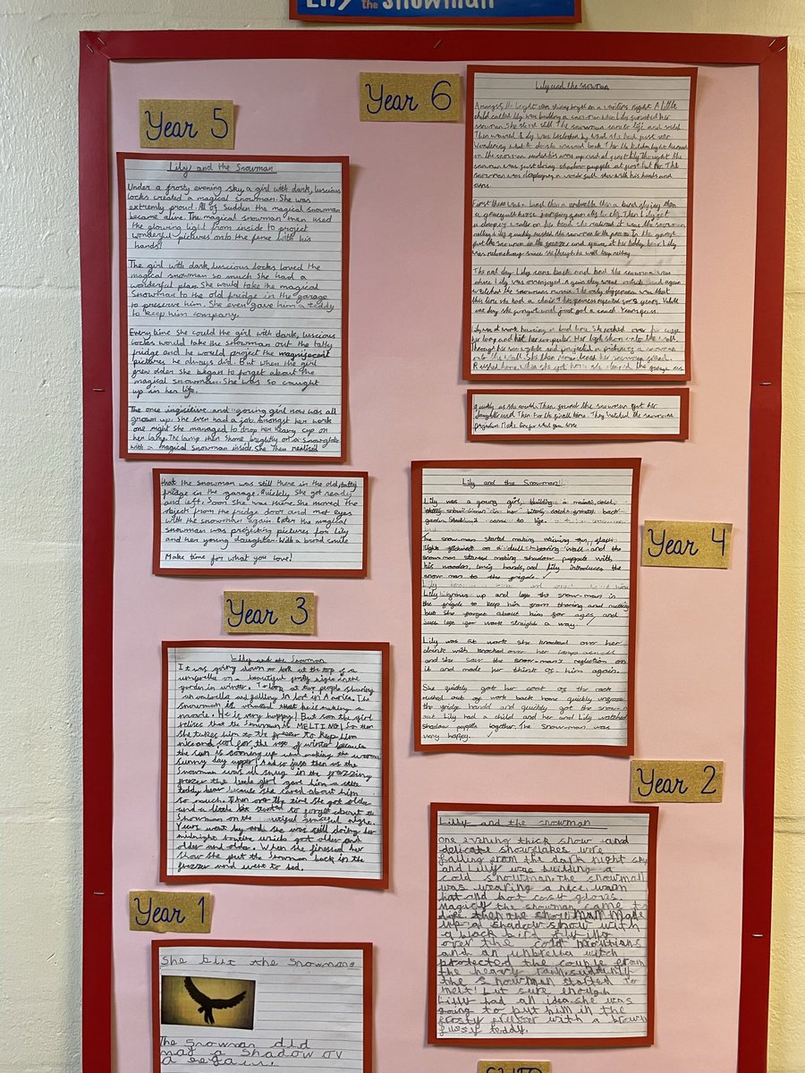 MrsTyler_2's tweet photo. I’m so proud of what we have achieved together as a school in writing. This term we had a focus on fiction. We watched a video as a school and retold the story in our own words. I’m so impressed with what each year group has achieved. Look at that progression l! @bastonceprimary https://t.co/21zCZMhTKn