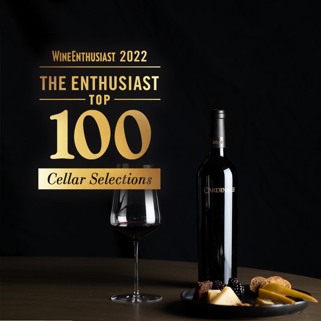 CardinaleWinery's tweet photo. We're thrilled our 2018 Cardinale Napa Valley Cabernet Sauvignon— rated 98 points— has been listed as #8 on the @WineEnthusiast Top 100 Cellar Selections of 2022, representing the most collectible, age-worthy wines of the year. 

See the full list at https://t.co/JSRBZ73n0H. https://t.co/LXrIxkivVW