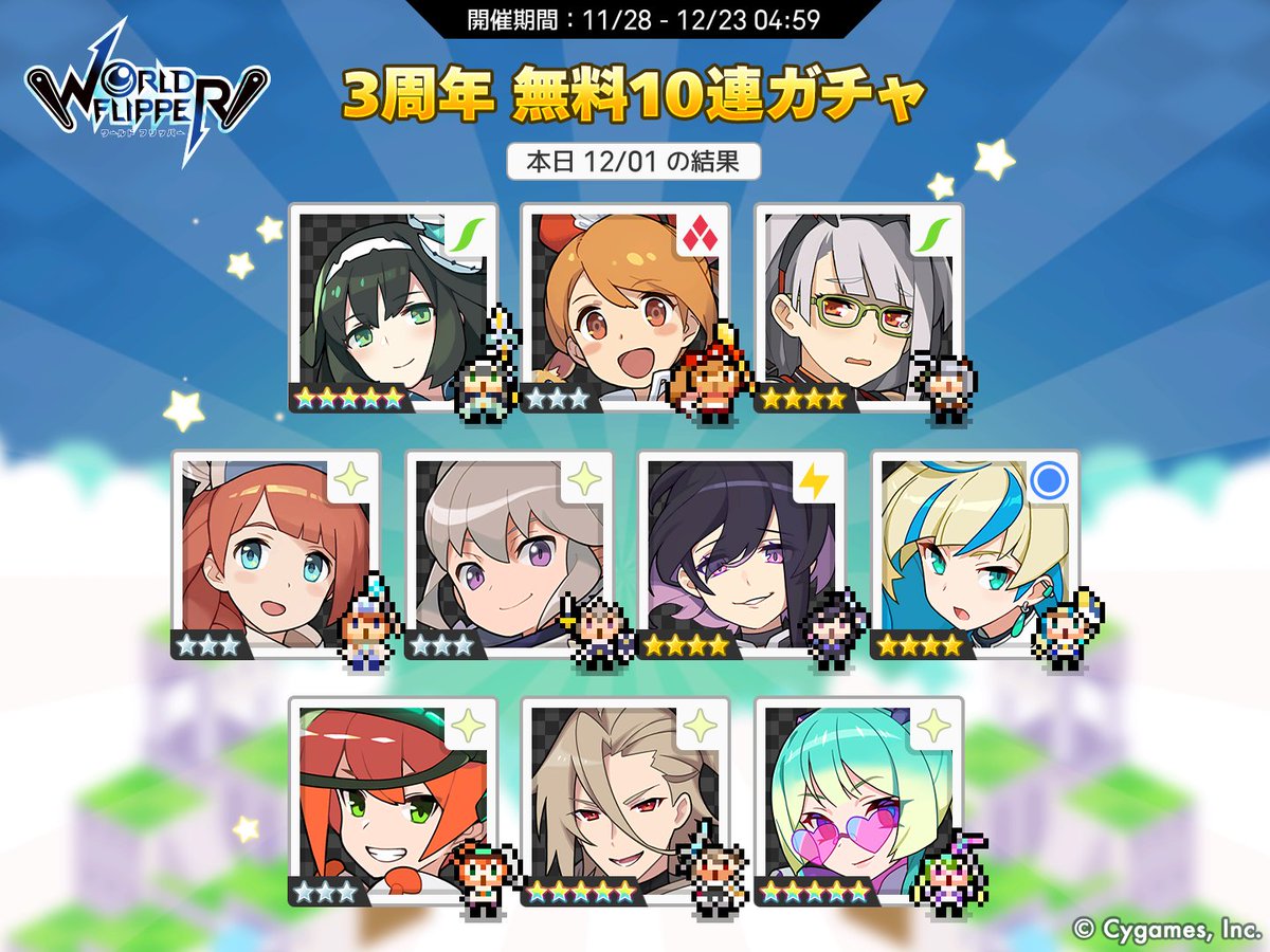 rr08843132's tweet photo. ワールドフリッパー3周年！
1日1回無料10連ガチャ実施中！
ガチャ結果をTwitterでシェアして毎日10名様に「10回ガチャチケット×1」当たる！詳細はお知らせをチェック！

本日の結果はこちら
#ワーフリ　#ワーフリ無料10連　#祝ワーフリ3周年 https://t.co/TUiIf8gLa0