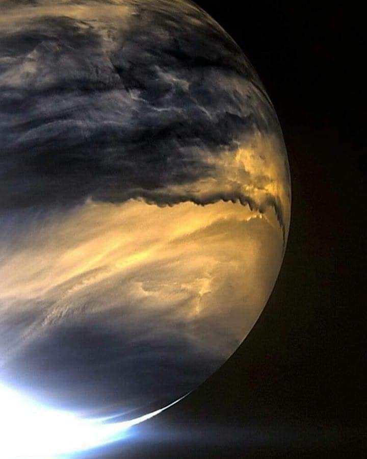 lucky_budd's tweet image. Probably the best image ever taken of Venus&apos; atmosphere (by NASA)

Venus has a thick, toxic atmosphere filled with carbon dioxide, perpetually shrouded in thick yellowish clouds of sulfuric acid that trap heat (greenhouse effect), making it the hottest planet in our solar system.