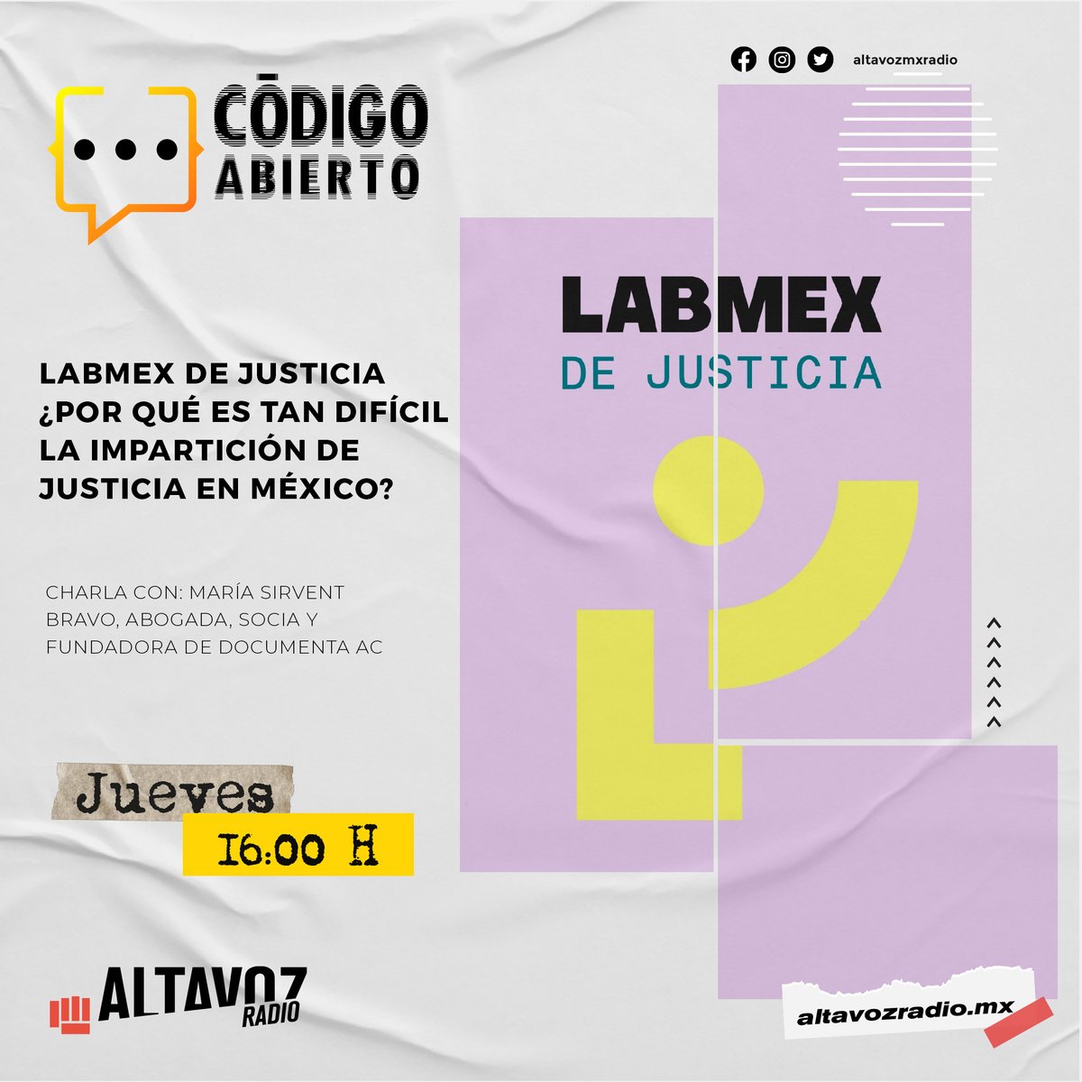 altavozmxradio's tweet photo. Hoy en #CódigoAbiero nos acompaña @masirven, fundadora de @DocumentaAC, para presentar la iniciativa #LABMEXDeJusticia que ayudará a la defensa de los #DDHH
Conducen: @sandersmx y @gabinonavarro
🌎 Web y emisoras 16:00h
🏖️Mazatlán 15:00h
📢 https://t.co/FO7kyoagC1 https://t.co/qmuEt4Ew5M
