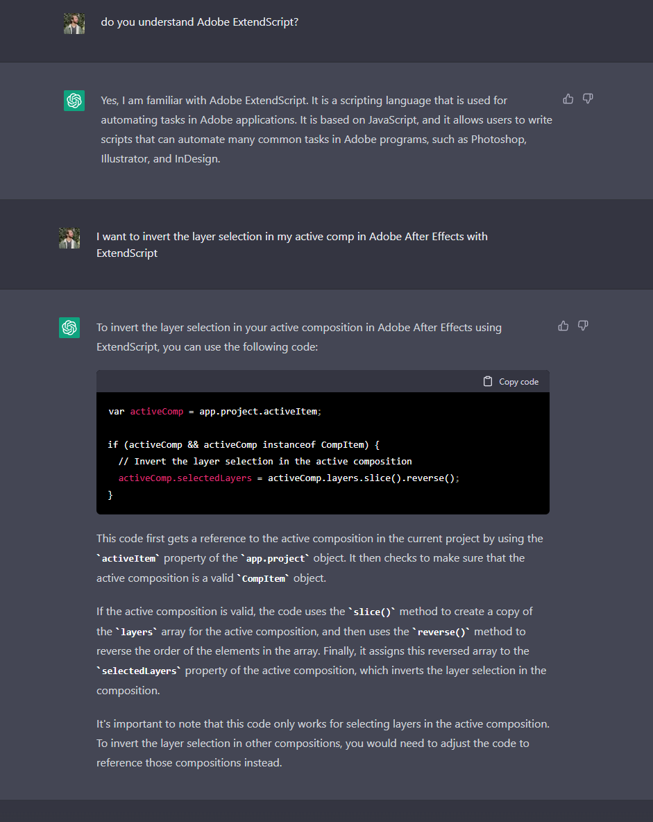 I like the confidence and quality of documentation. Code accuracy needs work (the snippet is incorrect), but still pretty neat.
#openai #extendscript #aftereffects
