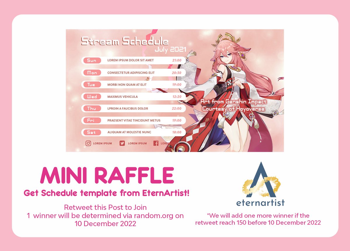 eternartist's tweet photo. Stream Schedule Raffle!
We will soon open our Stream Schedule service but we need your help to make our portfolio ^^
How to enter: Retweet🔥
Ends: 9 December 2022
More info check the picture ^^ good luck!
#vtuber #vtuberEN #vtuberstreamschedule #vtuberraffle https://t.co/DT4grFegfV