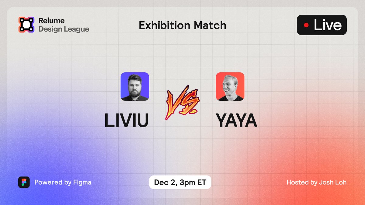 relume_io's tweet photo. Relume Design League is back this week for another exhibition match 🏆

🔵 Liviu @designedbyla VS 🔴 Yaya @yayasview

Tune in LIVE to watch these 2 designers battle it out in the @figma Arena 🏟

Only for this week, we'll be streaming Friday 3pm ET:
https://t.co/LsOoP8V0yv https://t.co/ZOskIg4m4Z