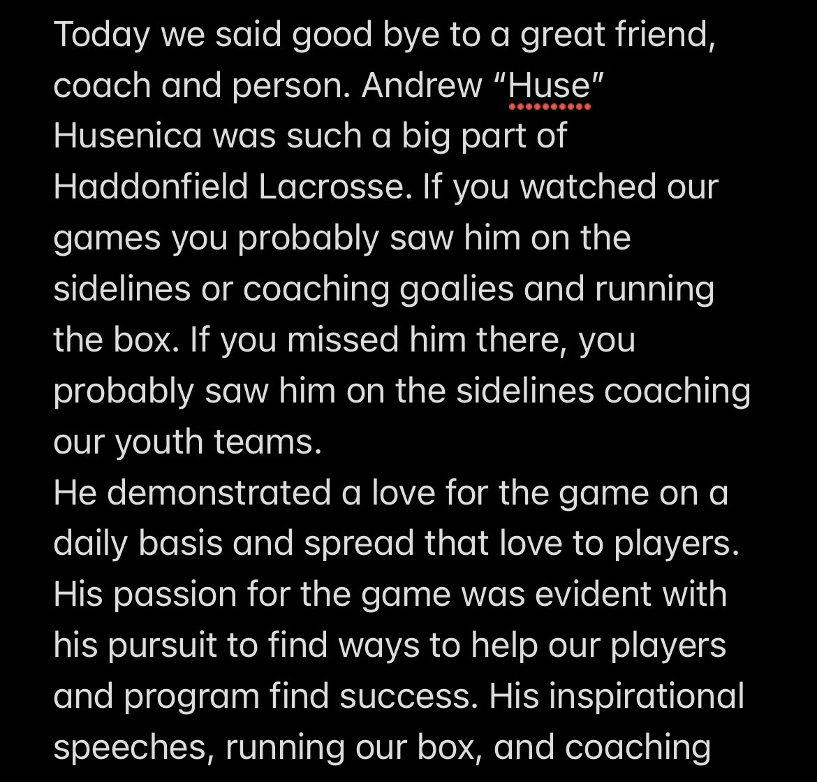 HaddonfieldLax's tweet photo. Today we said goodbye to a great friend, coach and person. Andrew “Huse” Husenica was a huge part of Haddonfield Lacrosse. His love of the game and our players was evident in the time he spent making us better. We are going to miss this guy but are thankful for our time with him. https://t.co/0o52pK6zA1
