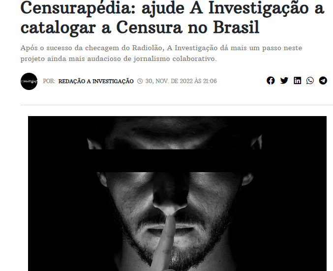 david_agape_'s tweet photo. Pessoal, estamos lançando a Censurapédia, mais um grande projeto de jornalismo colaborativo n'A Investigação. Será feito nos mesmos moldes da checagem do Radiolão, que foi um grande sucesso.

Compilaremos todos os casos de censura que ocorreram no Brasil nos últimos anos. https://t.co/xA8KDxinZQ