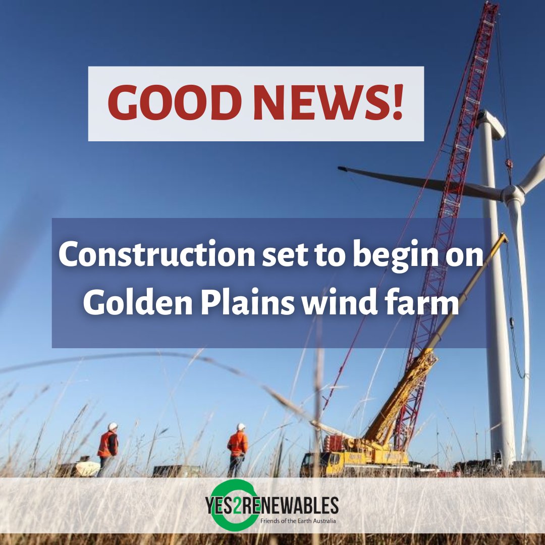 Yes2Renewables's tweet photo. GOOD NEWS: Construction is set to begin on the Golden Plains wind farm near Rokewood in Western Vic.
Once complete the 215 wind turbines will power over 760,000 homes with renewable energy, a big contribution to climate action.
#VicClimateSolutions https://t.co/pC5wHs1i0M