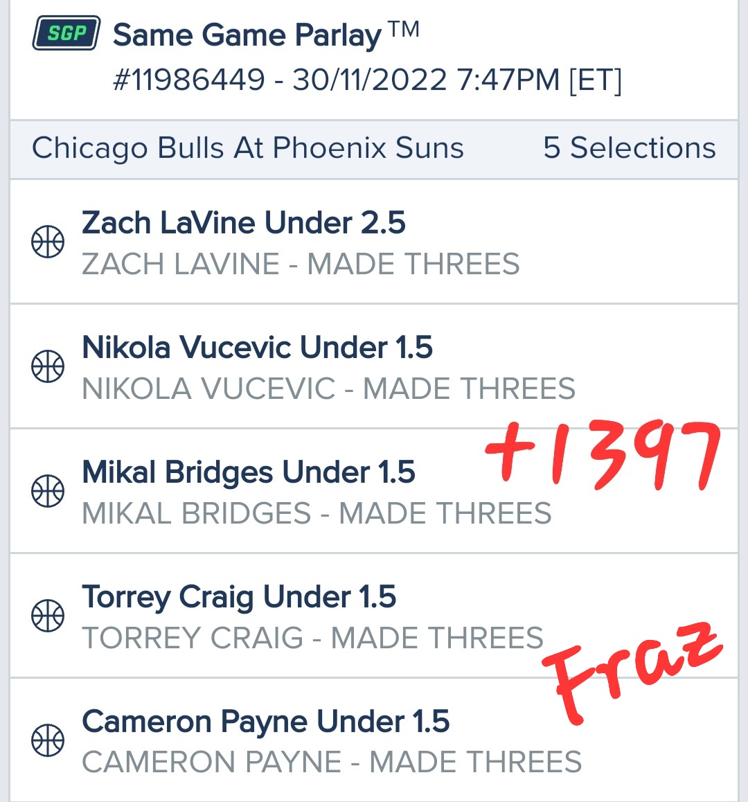 TheRealFraz87's tweet photo. Let's try something a little different 🤣 Good luck everyone! #FanDuel #Sportsbook #NBA #Unders #Parlay #Betting #LetsGooo #Fraz https://t.co/VVwCfOY9gT