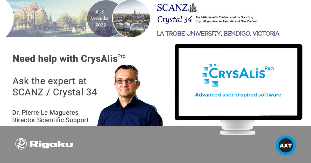 AXT_Australia's tweet photo. For all the @Rigaku #XRD users and others who rely on #CrysAlisPro to determine the structure of their #proteins and #smallmolecules we will have expert Dr Pierre Le Magueres on hand at #SCANZ #Crystal34 to answer any questions you may have or assist with problematic datasets. https://t.co/Hxq2QRhcOt