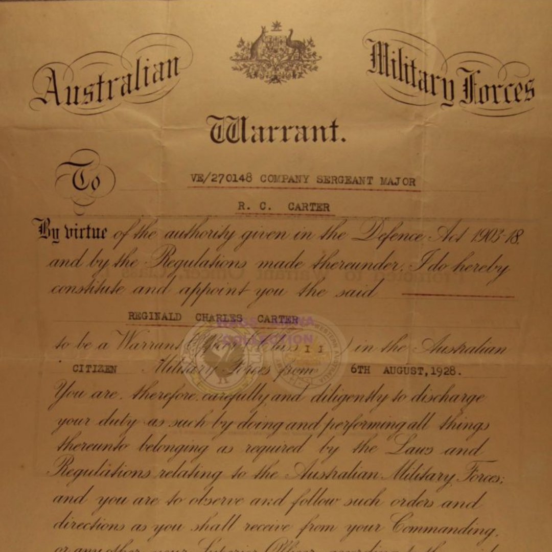 WamdlP's tweet photo. CSM Reginald Carter

“I do hereby constitute and appoint you the said Reginald Charles Carter to be a Warrant Officer class II in the Australian Citizen Military Forces from 6th August, 1928.”

https://t.co/7rRD2WcqUm https://t.co/u2jqDK8KtF