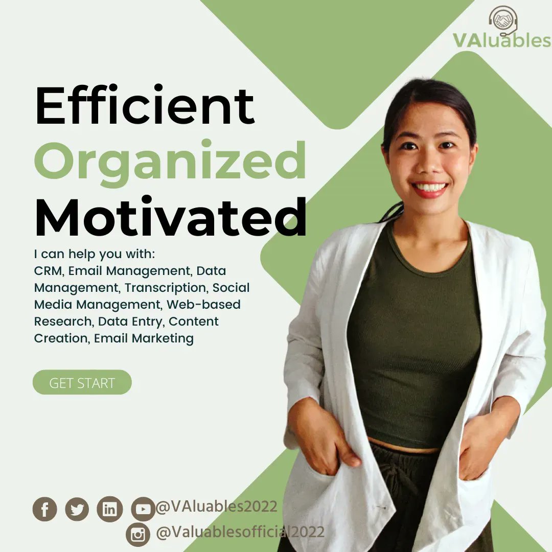 VAluables2022's tweet photo. 𝐇𝐞𝐲!
Are you looking for a rockstar virtual assistant who is efficient, organized, and motivated? You've come to the right place!
My goal is to consistently provide high-quality Virtual Assistant Services that exceed your expectations!

 #VAluablesByMyra #VAluableAssistant https://t.co/47GzI9S9su