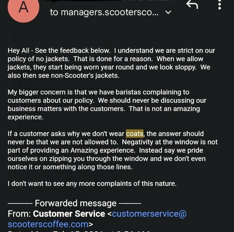 “We’d rather have our employees freeze and lie to our customers than let them cover the precious uniform.”

This company is in Ohio. Winter temps hit below zero regularly.