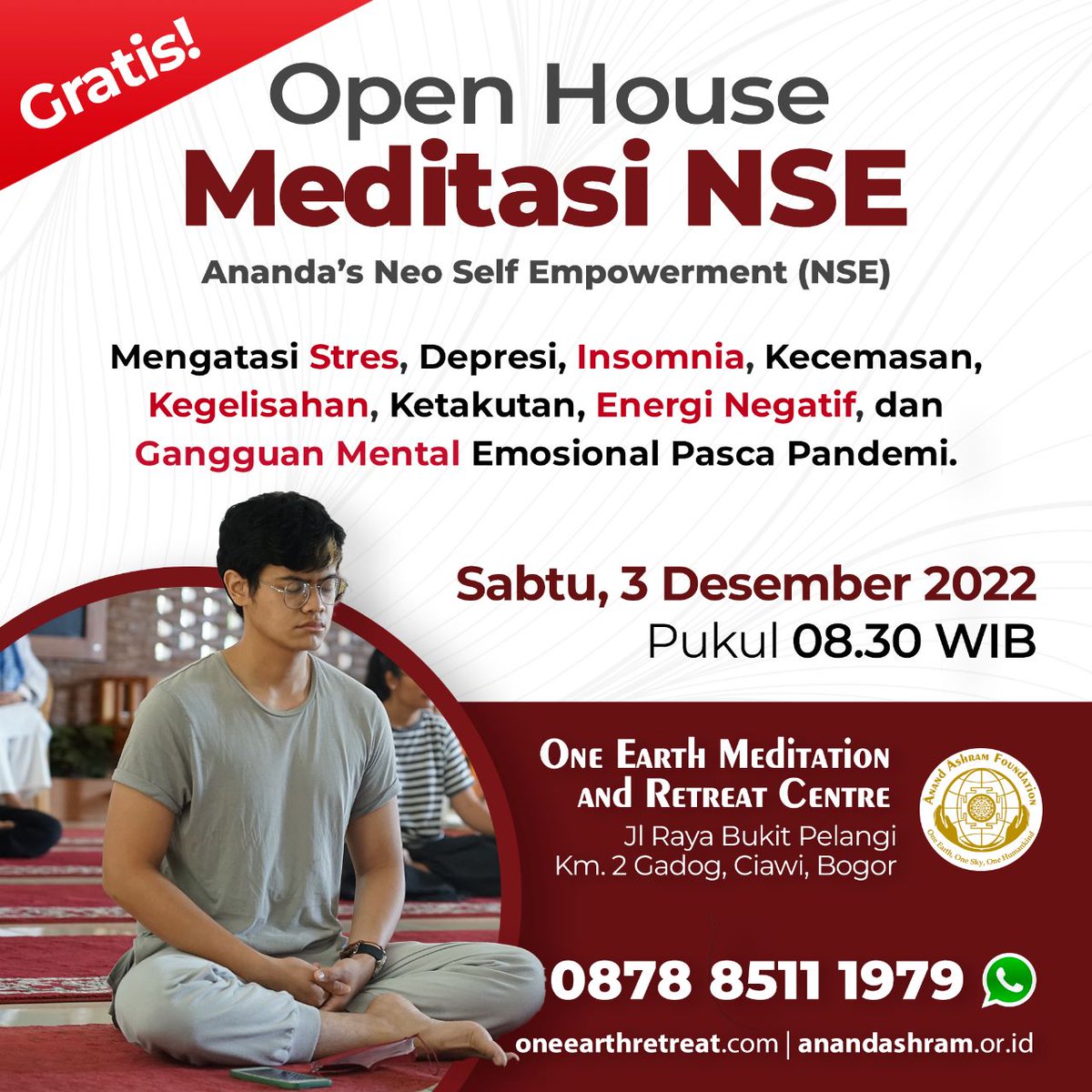 AnandAshram's tweet photo. #Undangan #Meditasi #GRATIS di #Bogor | #Sabtu 3 #Desember (08.30 WIB)
βοΈ 0878 8511 1979
#SehatMental #KesehatanMental #SusahTidur #Insomnia #Stres #Depresi #Takut #Trauma #PikiranTenang #PenyembuhanDiri #Penyembuhan #SelfHealling #MeditasiBogor #BojongHonje #GunungGeulis https://t.co/6dOL3Q2QYm