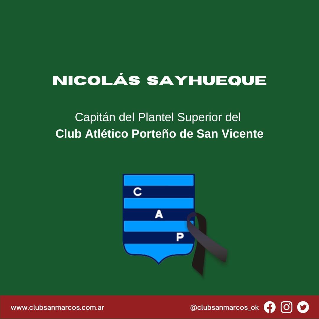 SanMarcosClub's tweet photo. Acompañamos a la familia, amigos y al Club Atlético Porteño por la sensible pérdida de Nicolás Sayhueque, Capitán del Plantel Superior de Rugby.

#CSM #ClubSanMarcos #CSMRugby #CSMHockey  @CAPorteno https://t.co/dex7OjrSl2