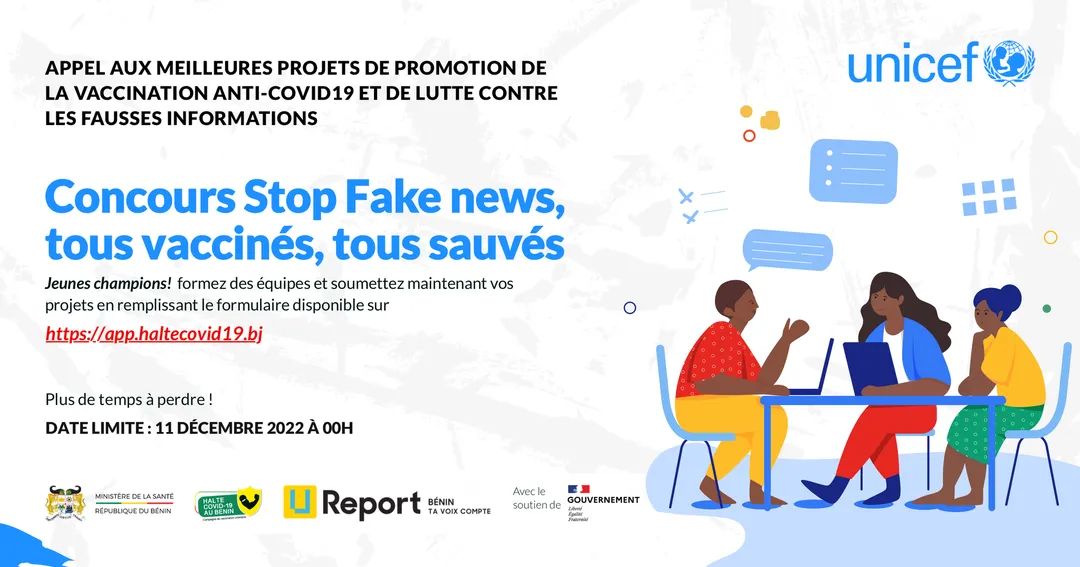 À vos marques prêts, soumissionnez🥳🥳🥳
Jeunes champions !

Jusqu’au 11 décembre 2022, vous avez la possibilité de candidater sur👉👉 app.haltecovid19.bj.

Ne perdez plus de temps.
UNICEF Benin
Ambassade de France au Bénin
UNICEF Benin
#wasexo
#SanteBenin
#Vaccinonsnous
