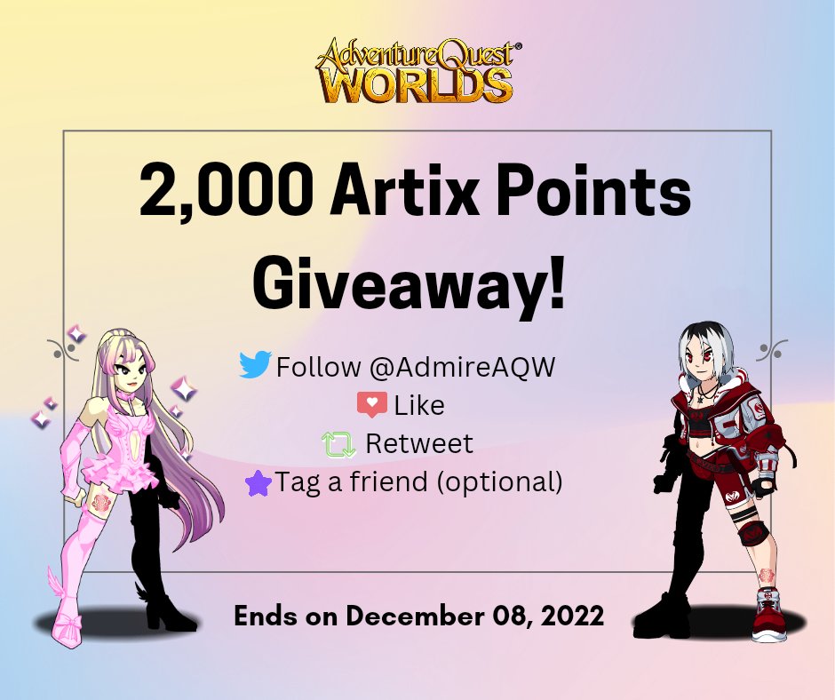 Happy 1st of December everyone! Here's another opportunity to win APs. 

✨ 1x 2,000 Artix Points Giveaway! ✨

To Qualify:
🌸Follow <a href="/AdmireAQW/">Admire</a>
🌸Like &amp; Retweet
🌸Tag a friend (optional) 

🕰️Draw date: December 08, 2022.