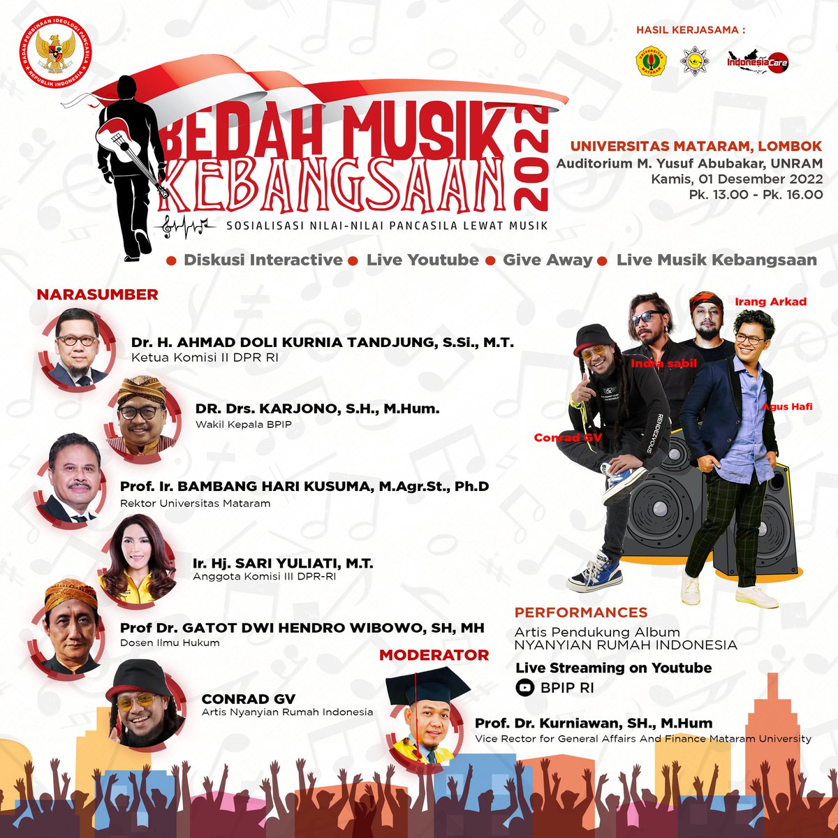 Halo Kota Mataram, yuk hadiri Bedah Musik Kebangsaan: Sosialisasi Nilai-nilai Pancasila Lewat Musik di Universitas Mataram (UNRAM), Lombok

Hari/Tanggal : Selasa, 1 Desember 2022
Pukul : 13.00 - 16.00 WIB
Lokasi : Auditorium M Yusuf Abubakar UNRAM, Lombok