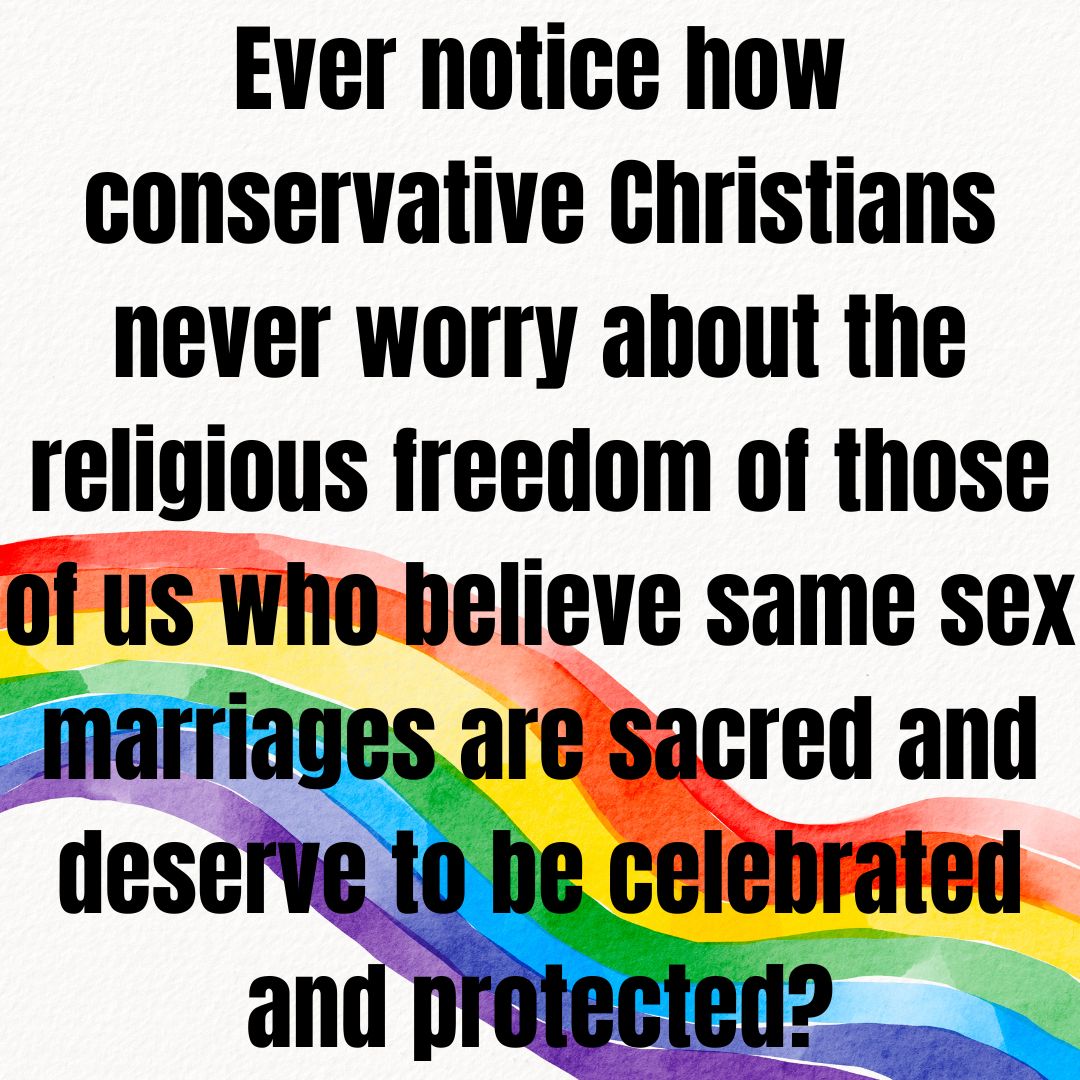JarredH's tweet photo. Unlike conservative Christians, I believe in true #ReligiousFreedom. The reality is that many religious people believe that #SameSexMarriage is sacred. What they really want is #ChristianSupremacy.
#LGBTRights #LGBTIssues https://t.co/YChOIfWRWx