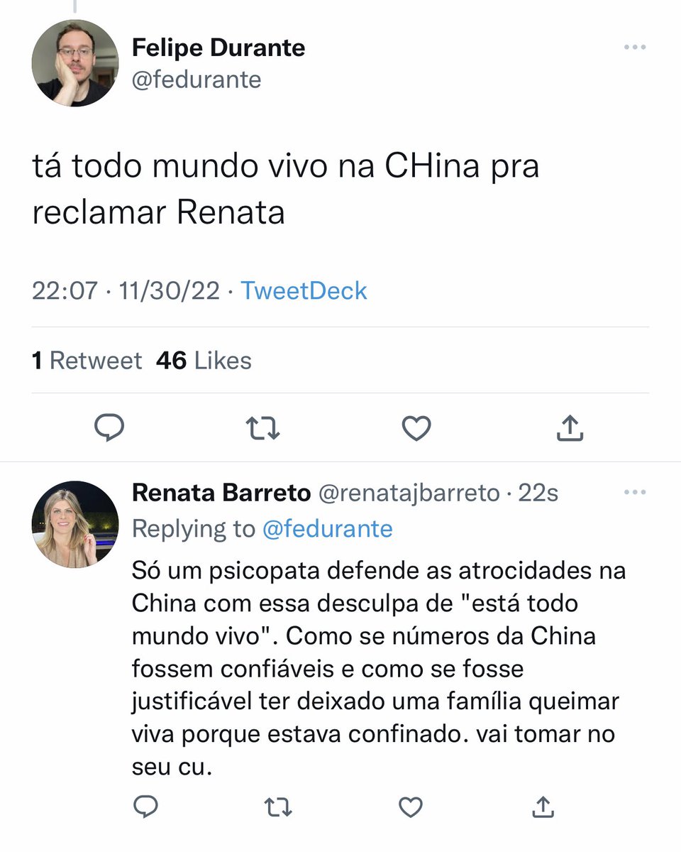 renatajbarreto's tweet image. É preciso tratar pessoas que defendem a ditadura chinesa como psicopatas que são. Isso é problema grave de caráter e pessoas assim não merecem qualquer respeito. Vai ser assim daqui pra frente.