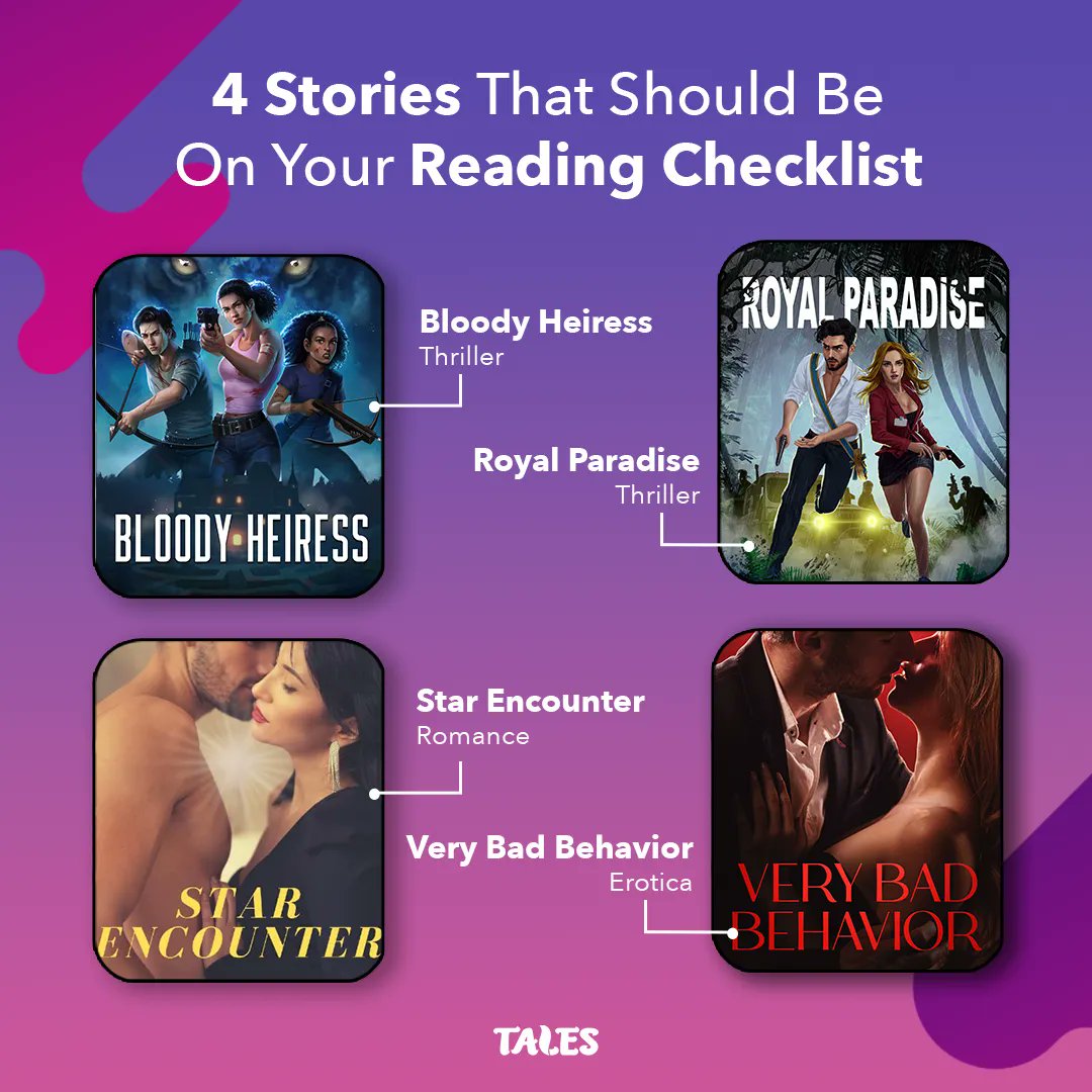 🚨 New recommendations alert! 🚨

A new list of reads to bookmark for later.👇🏻

➡️ Bloody Heiress: link.talescreator.com/OBacwF9vRrb
➡️ Royal Paradise: link.talescreator.com/WgOhlYhTOrb
➡️ Star Encounter: link.talescreator.com/YmYt30LFNrb
➡️ Very Bad Behavior: link.talescreator.com/xCkiCDbrKpb