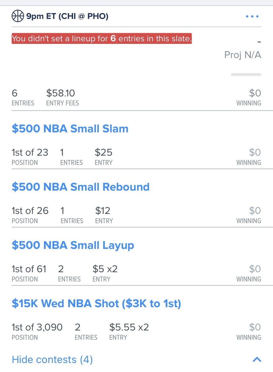 HeweyDFS's tweet photo. @FanDuel_Support Tonight was a complete disaster…White 1k on the first slate too. You better make this right with the customers. https://t.co/xZoWUEYwkE