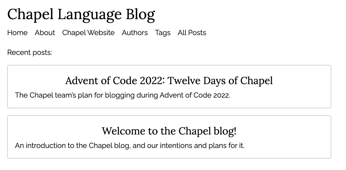 ChapelLanguage's tweet photo. Today, we've launched a blog for articles relating to the Chapel programming language:
https://t.co/LiXtlZW2pU

We're treating December as a "soft launch" period for the site, and will be writing about doing #AdventOfCode 2022 exercises in Chapel—follow along with us! https://t.co/rWG4yr2JBY