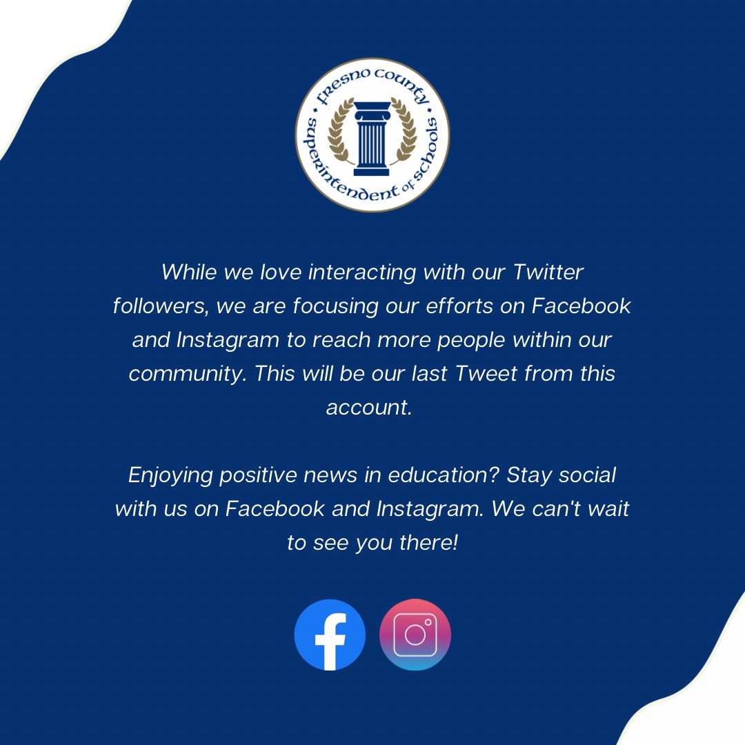 Follow us on Facebook and Instagram by searching the handles below. Facebook: @ Fresno County Superintendent of Schools Instagram: @ fresnoco_suptofschools