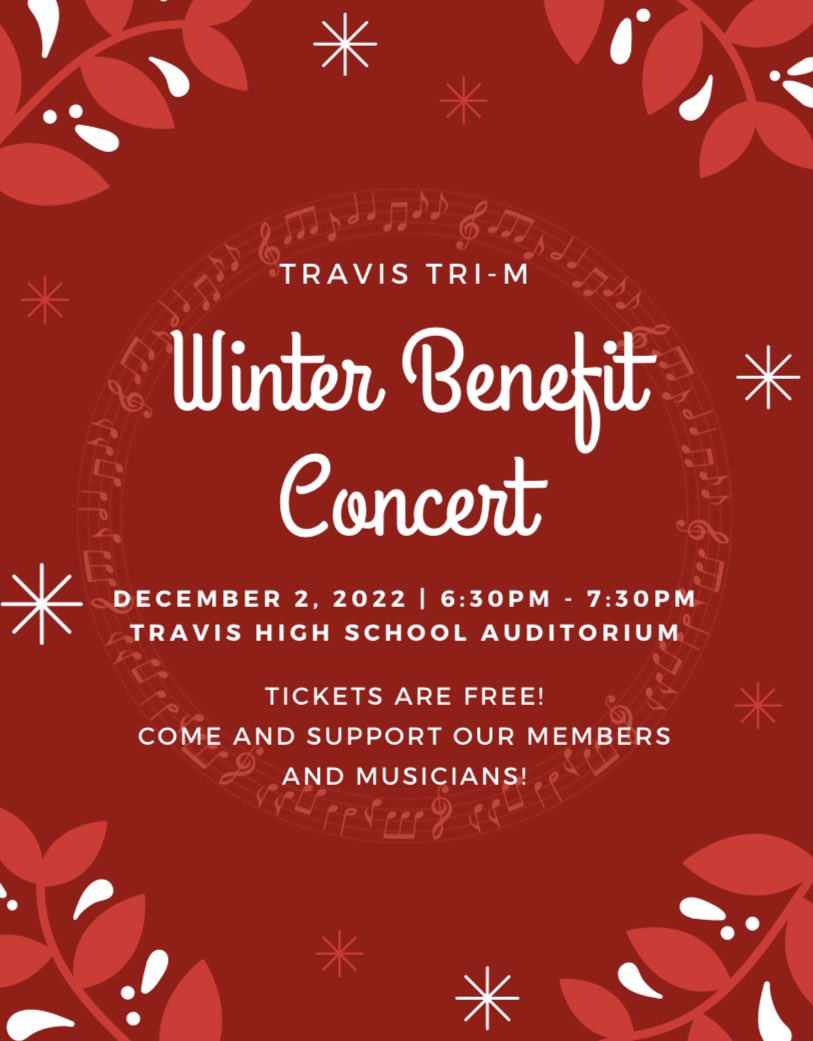 Join us for our Winter Concert this Friday to listen to some wonderful performances from our members. Additionally being a new toy to support toys for tots. We hope to see everyone there! <a href="/THS_Tigers/">Travis High School</a>