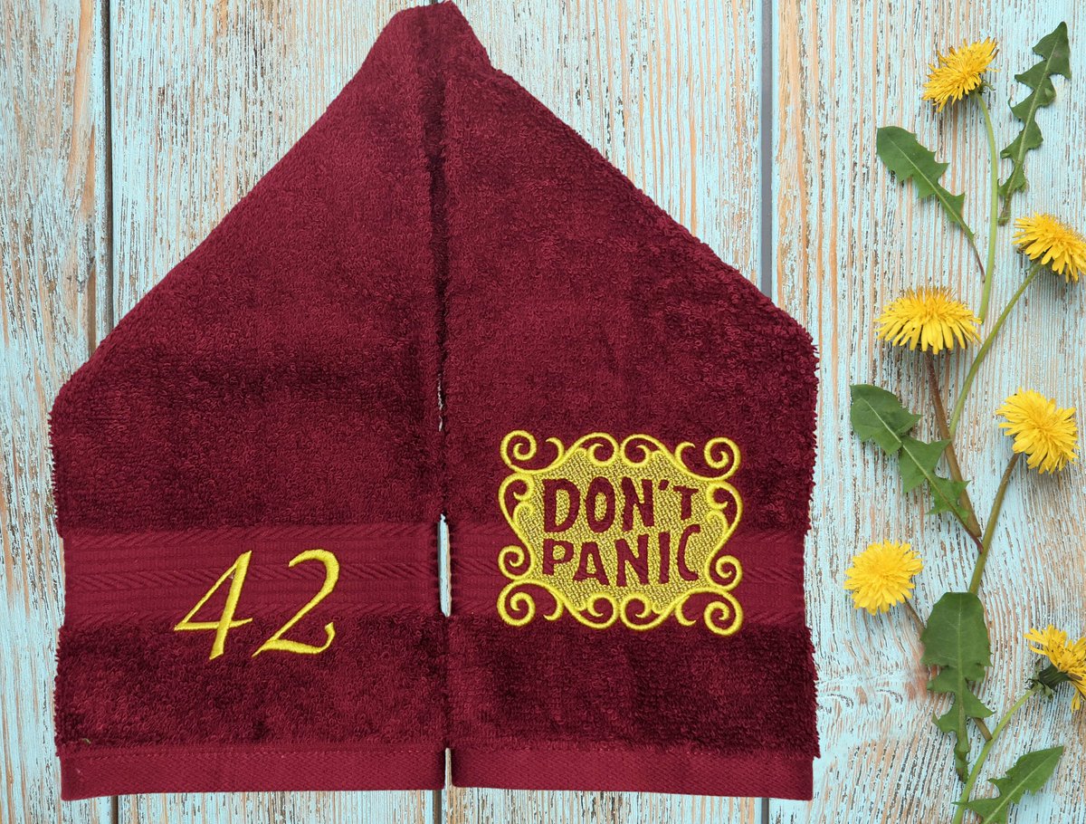 mysticalkris's tweet photo. Excited to share the latest addition to my #etsy shop: Custom DON'T PANIC Embroidered Hand Towel Hitchhikers Intergalactic Traveler towel day 42nd birthday https://t.co/fDx0iEuGSl #hitchhikersguide #douglasadams #towelday #may25  #dontpanictowel #dont https://t.co/UcLTkMLIMQ