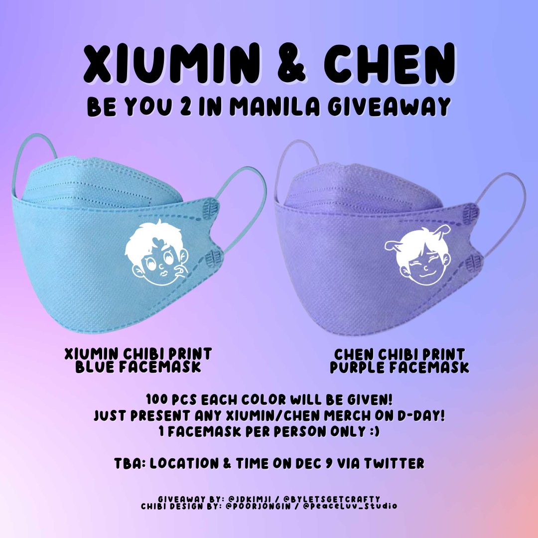 jdkimji's tweet photo. BE YOU 2 in MANILA CONCERT GIVEAWAY by
@jdkimji / @byletsgetcrafty

💙 100 pcs XIUMIN BLUE FACEMASK
💜 100 pcs CHEN PURPLE FACEMASK 

Follow mechanics below &amp; retweet to spread!

SEE YOU ON DEC 9! 🥳

#BeYou2 #BeYou2inManila #CHEN #XIUMIN https://t.co/OeQcImWSho