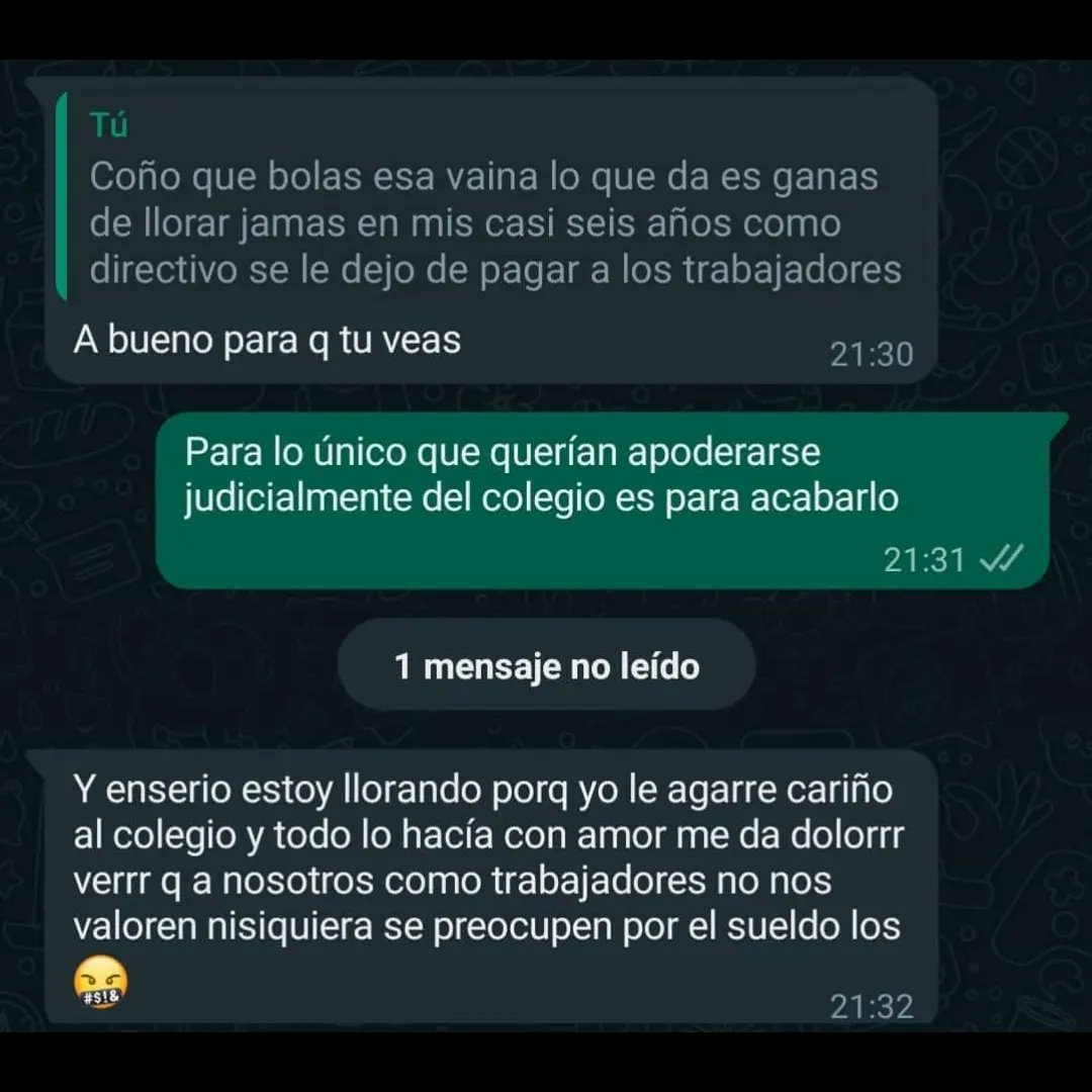 Que riñones tiene el Trío Oficialista que se impuso judicialmente en el Colegio para eso lo querían para destrozarlo y dañar a los Trabajadores  😡no les da Vergüenza, hoy fin de mes y ni la quincenita la pagaron, mucho menos el Aguinaldo;  no toleraremos Atropellos ELECCIONES YA