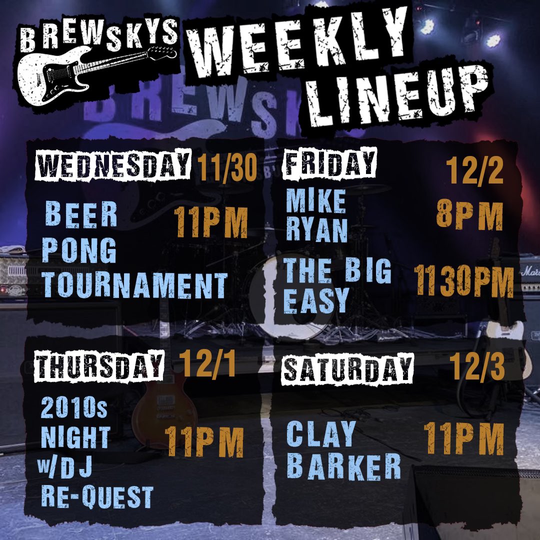 BrewskysHatti's tweet photo. Great week at Brews!!
—Wednesday-Wing Wednesday &amp; Pitcher Night!
—Thursday @11- 2010s Night w/ DJ Re-Quest
—Friday @8- Mike Ryan
—Friday @11:30- The Big East
—Saturday @11- Clay Barker https://t.co/XfUW69Y0Xg