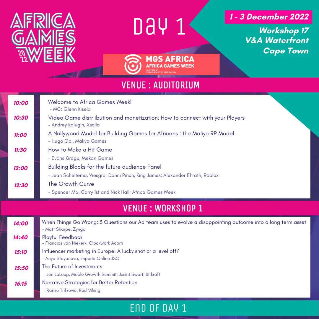 AfricaGamesWeek's tweet photo. Today we have the #MobileGrowthSummit happening in the Auditorium &amp; Workshop 1! 

Find more on the people you can expect to hear speak here https://t.co/CvGShJuF7q

Remember, you can still get day passes &amp; you can watch the livestream! #AfricaGamesWeek https://t.co/20Po8O12YF